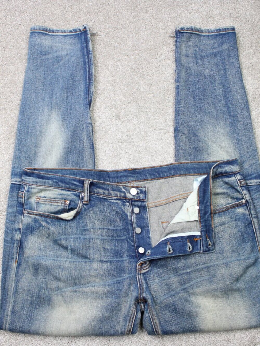 MNML Jeans Mens 38x34 Blue Button Fly Zip Ankle Cotton Stretch Tapered Denim